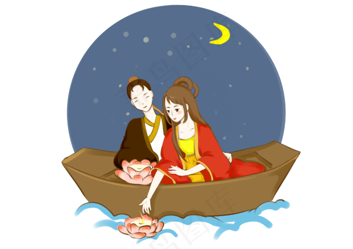 七夕佳节放河灯素材,免抠元素