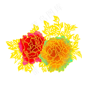 国潮红色黄色牡丹素材