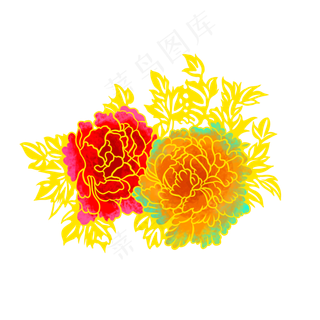 国潮红色黄色牡丹素材