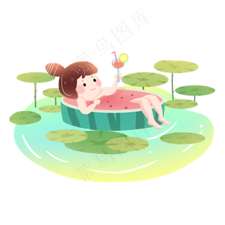 大暑西瓜荷叶女孩素材