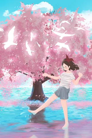 唯美治愈樱花海水