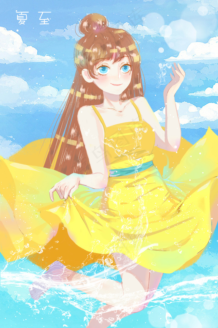 夏至海边沙滩清新唯美少女阳光手绘风格插画