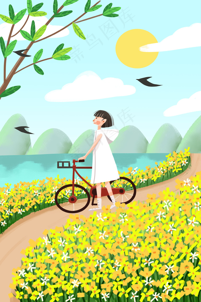 油菜花节赏花春日春游浪漫风景少女卡通插画