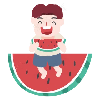 夏季吃西瓜的Q版小男孩