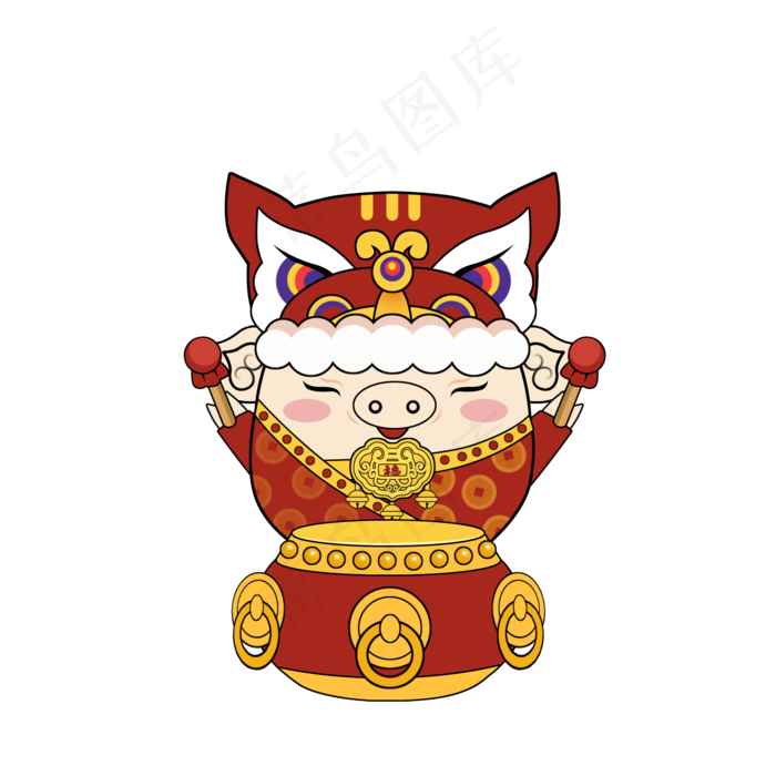 彩绘喜庆金猪打鼓春节元素,免抠元素