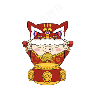 彩绘喜庆金猪打鼓春节元素,免抠元素