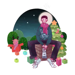 圣诞少年思念月亮圣诞树礼物麋鹿,免抠元素