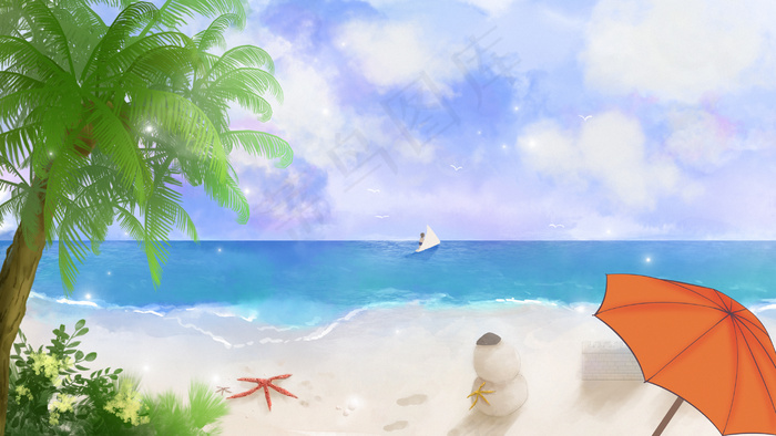 夏天白色沙滩海边冲浪休闲风景