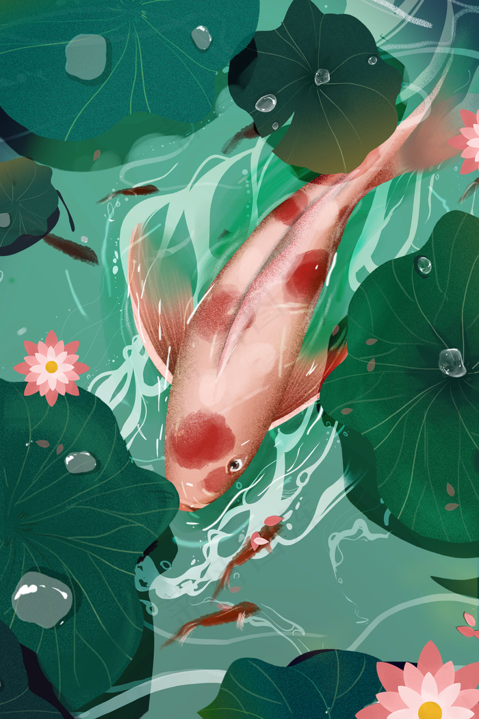 唯美治愈清新海水保护动物夏至金鱼荷塘(3545*5315px 300 dpi )psd模版下载