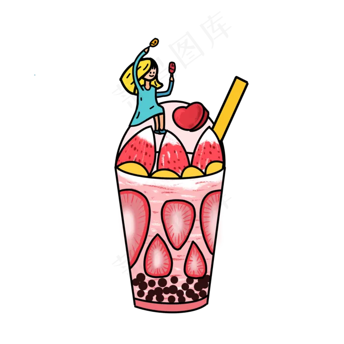 描边风格女孩吃冰棍坐在草莓水果(2000X2000(DPI:300))psd模版下载