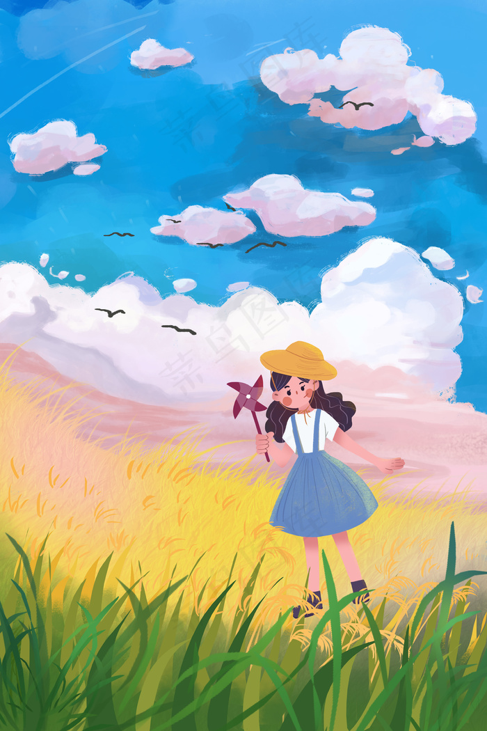 24节气芒种风景田野少女天空卡通插画