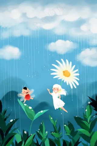 卡通手绘风2.19雨水二十四节气配图