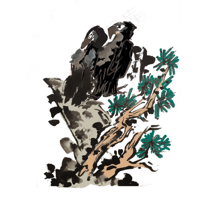 水墨花鸟国画素材,免抠元素(4000X4000(DPI:300))psd模版下载