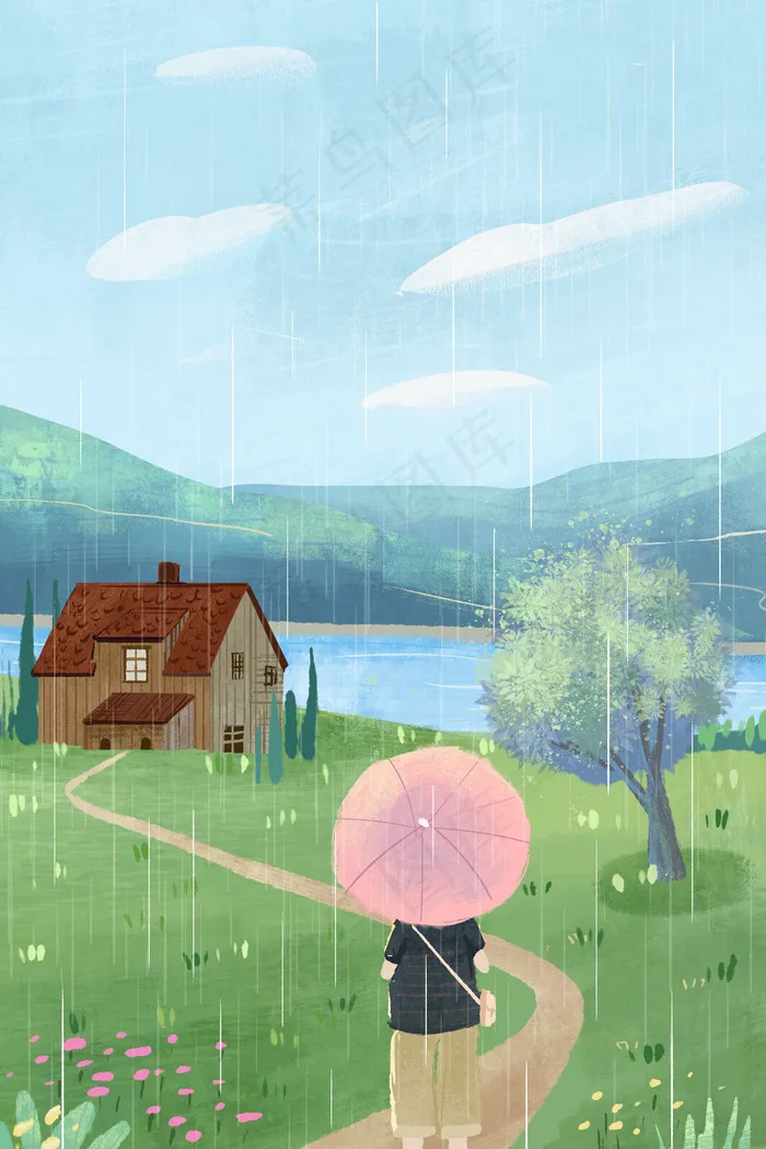 春季雨水风景人物小清新风格竖图(2880X1620(DPI:300))psd模版下载