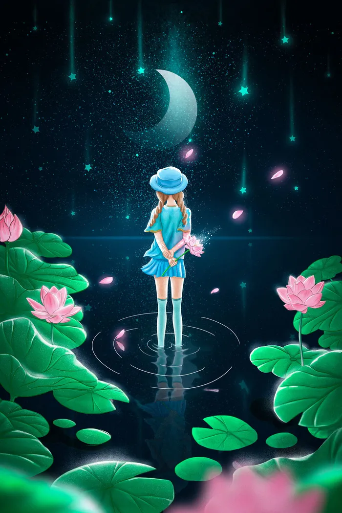 唯美治愈夏天女孩荷叶荷花星空(3545*5315px 300 dpi )psd模版下载