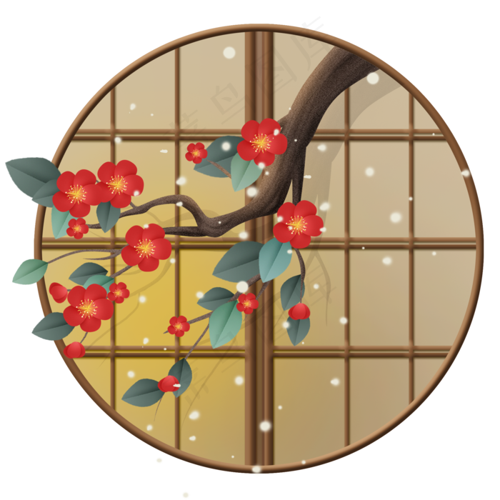古风窗格和红梅,免抠元素(2000X2000(DPI:300))psd模版下载