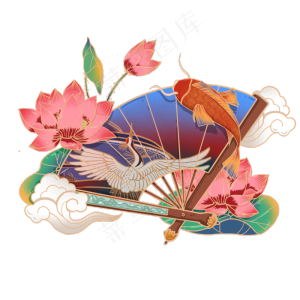 国潮风线描团扇荷花装饰插图,免抠元素