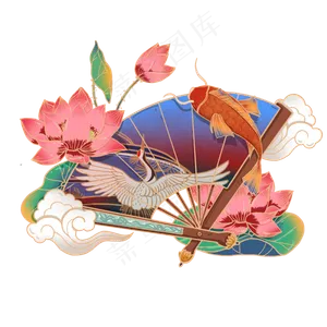 国潮风线描团扇荷花装饰插图,免抠元素