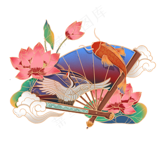 国潮风线描团扇荷花装饰插图,免抠元素