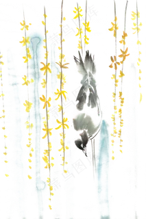 倒挂的鸟水墨画PNG免抠素材