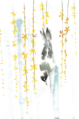 倒挂的鸟水墨画PNG免抠素材