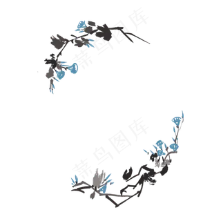 古风水墨椭圆不规则牵牛花卉边框