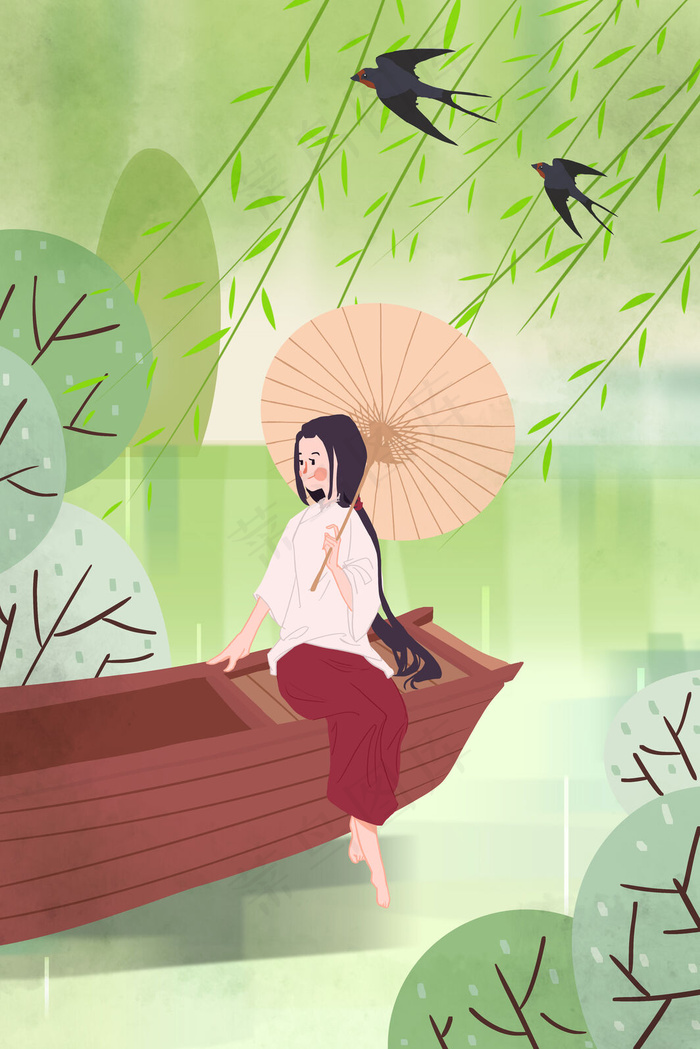 清明春天船伞女孩