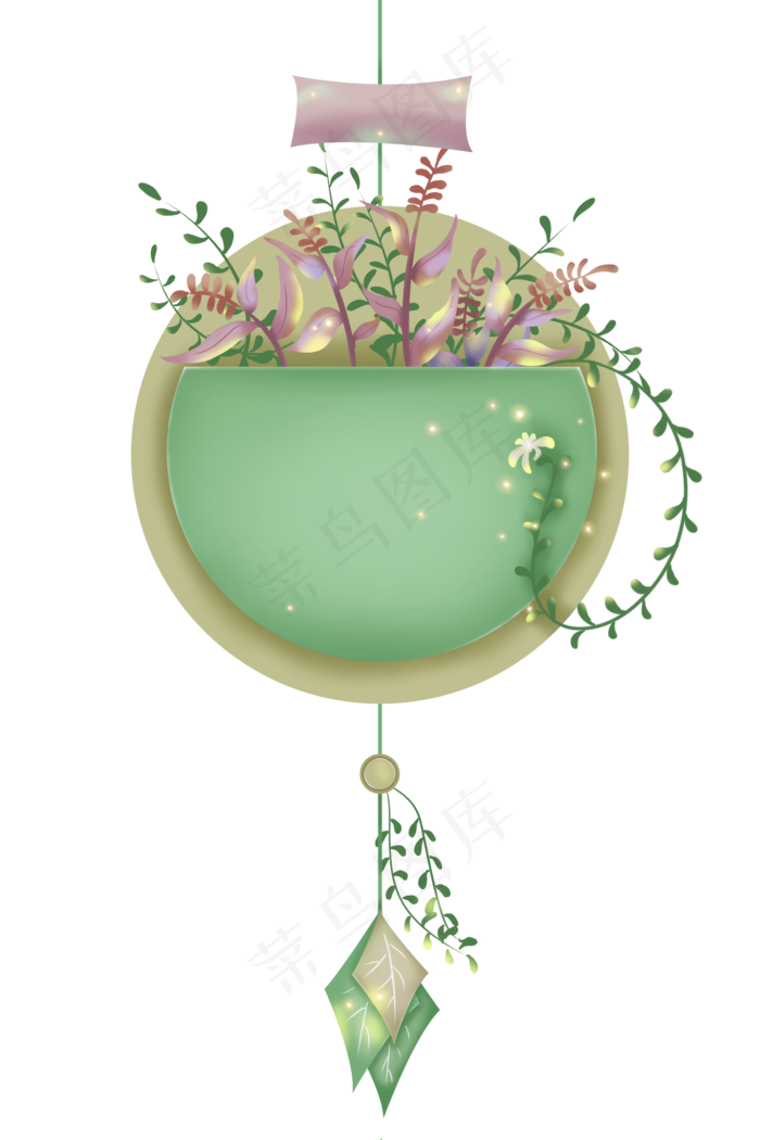 春天绿色花篮剪纸文字边框,免抠元素