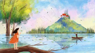 夏日山顶房屋油画风景