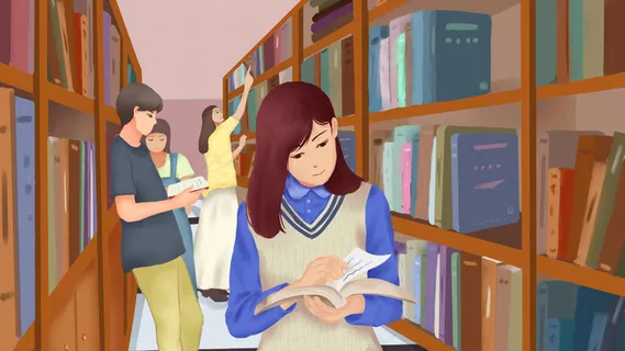 在图书馆学习的学生们