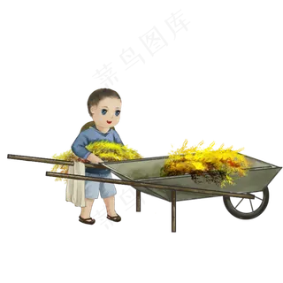 秋天秋季秋收收稻谷卡通人物推稻