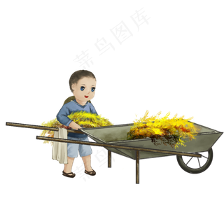 秋天秋季秋收收稻谷卡通人物推稻