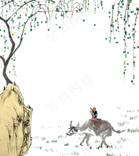 国画水墨装饰边框春天牧童黄牛P