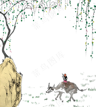 国画水墨装饰边框春天牧童黄牛P