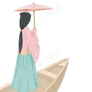 卡通女孩打着伞坐船