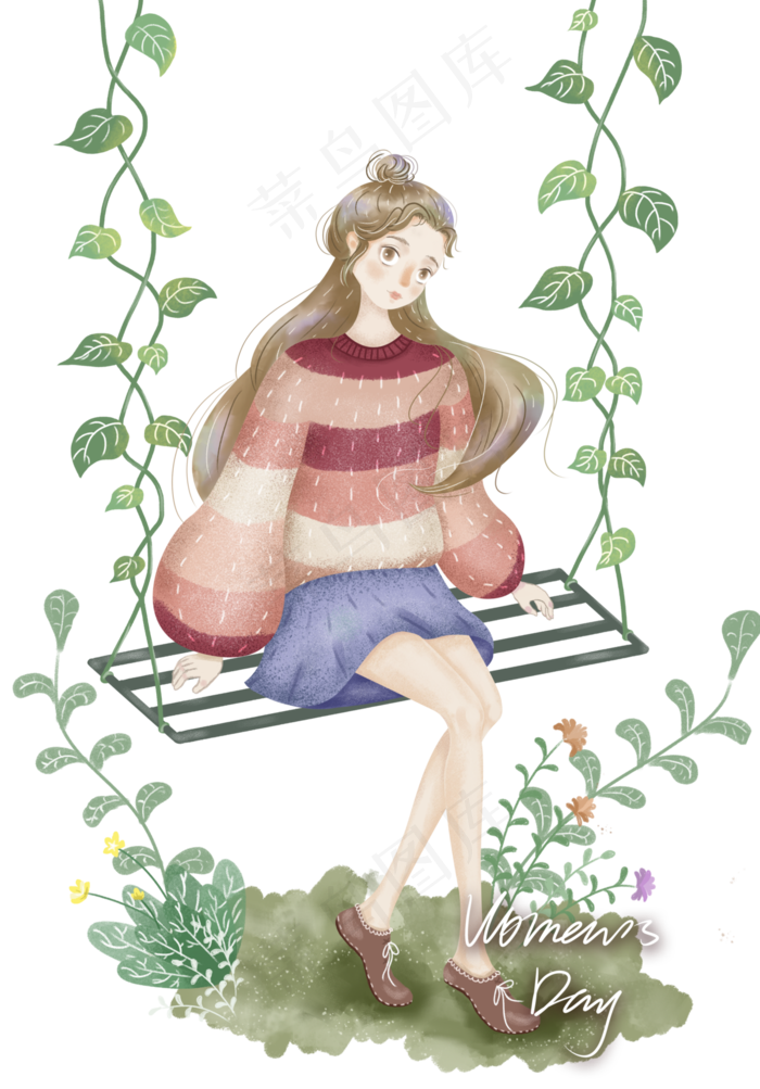 女生节女神节荡秋千条纹毛衣女孩,免抠元素(3000X4300(DPI:300))psd模版下载