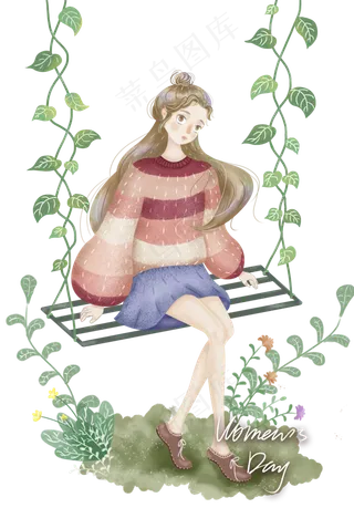 女生节女神节荡秋千条纹毛衣女孩,免抠元素