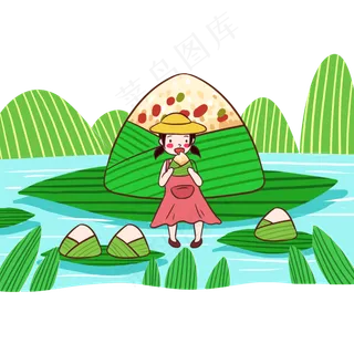 端午节绿色卡通元素吃粽子