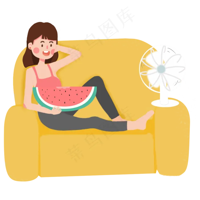 夏季室内吃西瓜吹风扇的女孩(2000X2000(DPI:300))psd模版下载