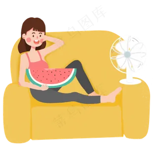 夏季室内吃西瓜吹风扇的女孩