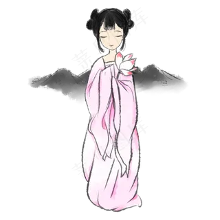 水墨风淡色系抱荷花女孩免抠