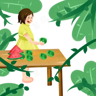 端午节扁平风手绘在桌子前吃粽子