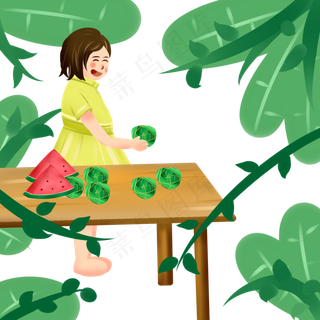 端午节扁平风手绘在桌子前吃粽子