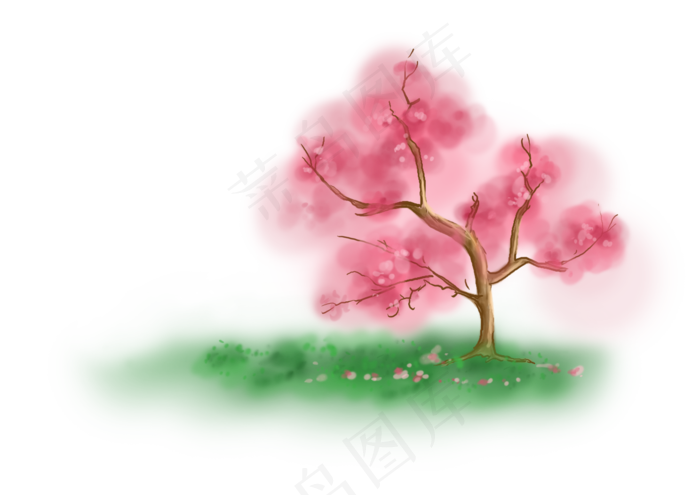 手绘粉色桃花树和草地上的落花,免抠元素