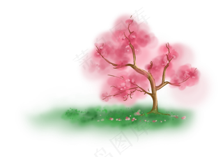手绘粉色桃花树和草地上的落花,免抠元素