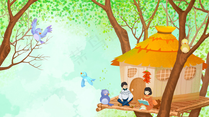 七夕夏季绿色林中小屋