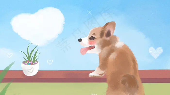 可爱动物短腿柯基背影水彩手绘(2880*1620px 300 dpi )psd模版下载