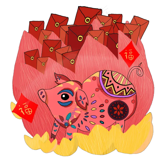 夸张抽象年画红包猪2019猪年喜庆PN,免抠元素