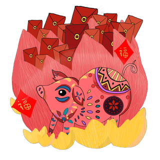 夸张抽象年画红包猪2019猪年喜庆PN,免抠元素