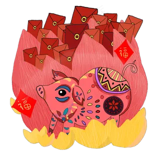 夸张抽象年画红包猪2019猪年喜庆PN,免抠元素
